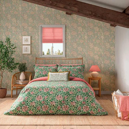 Morris & Co Honeysuckle Evergreen & Coral Bedding