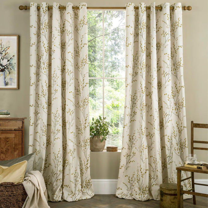 Laura Ashley Pussy Willow Ochre Lined Eyelet Curtains