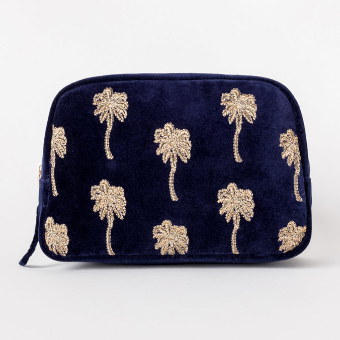 Elizabeth Scarlett Golden Palm Velvet Cosmetics Bag, Navy