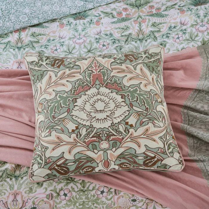Morris & Co Strawberry Thief Severn Feather Filled Embroidered Cushion, 50x50cm, Cochineal Pink